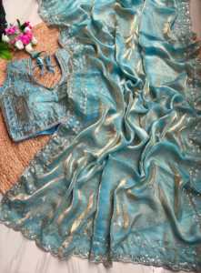 Designer Embroidery Sequence Work Fandy <b>Satin</b> Silk <b>Saree</b> Paired With Fully Stitched Sequence Work Fandy <b>Satin</b> Silk Blouse - Product Image 2