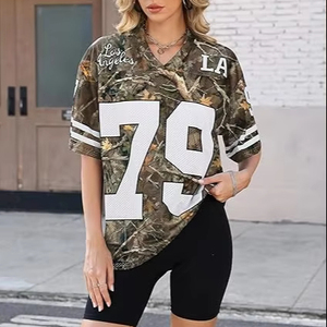 Oversized Digital Printed Letter Mesh Jersey Women V Neck Short Sleeve Y2K Streetwear Football Style 100% Polyester - Product Image 1