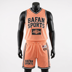 Ensemble maillot et short de basket-ball respirant en mesh premium 160 GSM, couleur pêche avec empiècements latéraux, logo personnalisé par transfert thermique pour homme - Product Image 4
