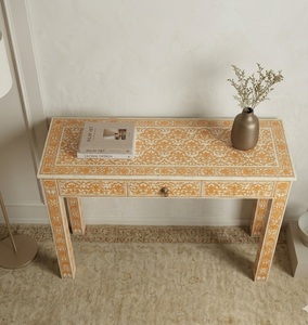 Console moderne en bois massif avec plateau en marbre, design floral incrusté, tiroir de rangement pour salon et entrée - Product Image 3