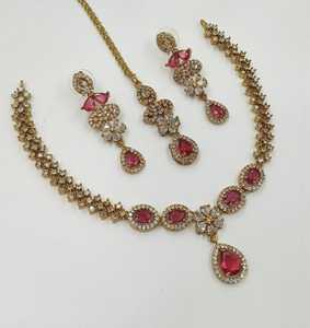 Elegant High Quality <b>Gold</b> Plated Bridal Shadow Choker <b>Set</b> Earrings Maang Tikka Flower Design Rhodium Plated Zircon Fashion - Product Image 1