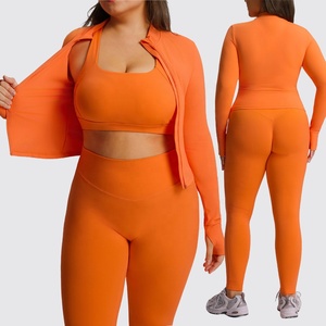 Wholesale Fitness 3 Piece Women Gym Yoga Wear Set Workout Seamless Long Sleeve Sports Suit <b>Crop</b> <b>Top</b> Full Sleeve Zipper Sports - Product Image 1