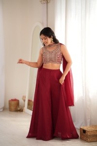 Crunchy Silk Sequence Embroidery Crop <b>Top</b> Set With Flared Palazzo Pant And Neck Belt Dupatta For Party Wear Women MY 102 - Product Image 3