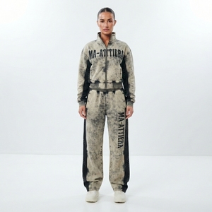 Ensemble de survêtement deux pièces pour femme : veste courte zippée délavée à l'acide et pantalon de survêtement large - Product Image 1