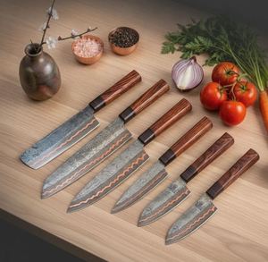 Ensemble de couteaux de chef Thewizcrafts en acier Damas, 5 pièces, lames en acier au carbone, manche en bois, ambidextre, finition haute brillance, style moderne - Product Image 3