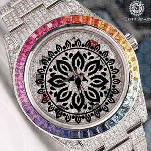 Montre ronde de luxe pour femme Charm_Jewells en acier inoxydable 38 mm, analogique à quartz, avec verre saphir et lunette arc-en-ciel, tendance - Product Image 1