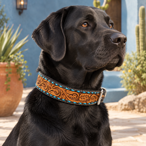 Collar de Perro de Cuero Repujado con Turquesa, Diseño Occidental Tallado a Mano |   Collar Ajustable Acolchado para Perros con Estilo Distintivo - Product Image 4