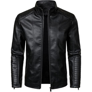 Wholesale <b>Men</b> Black PU <b>Leather</b> Moto <b>Jacket</b> Slim Fit Stand Collar Zipper Closure Autumn Style Regular Length Solid Color - Product Image 1