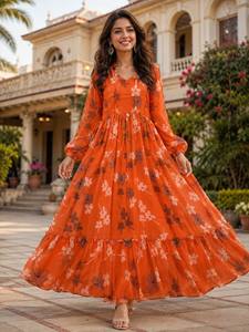 Robe longue en rayonne à imprimé floral orange pour femme, style bohème ample, longueur ras du sol, tenue décontractée d'été, style ethnique Inde Pakistan - Product Image 1