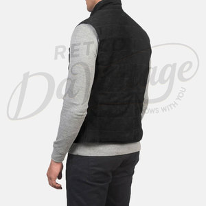 Chaleco acolchado de gamuza negra premium para hombre, con botones, cuello alto, sin mangas, corte ajustado, para invierno. - Product Image 6