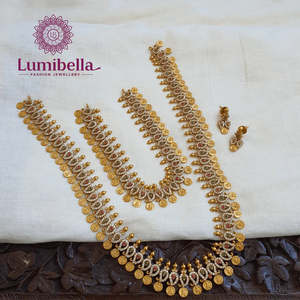 Kasumala Matte Semi Bridal Jewelry Set-Gold Plated American Diamond Pearl Coins Earring Set - Product Image 1