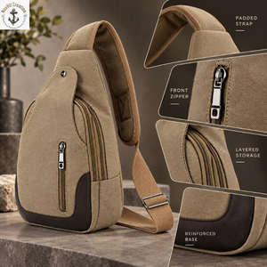 <b>Beige</b> Canvas Sling Chest <b>Bag</b> with Padded Shoulder Strap and Front Zipper | Layered <b>Crossbody</b> Travel <b>Bag</b> with Reinforced Base for - Product Image 5