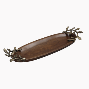 Plateau rond élégant en bois finition naturelle avec poignées dorées, plateau de service décoratif pour table basse, salon, cuisine - Product Image 4