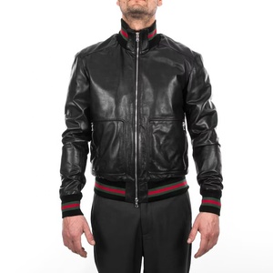 Chaqueta Bomber de cuero para hombre, Cazadora bomber de piel de cordero negra auténtica - Product Image 2