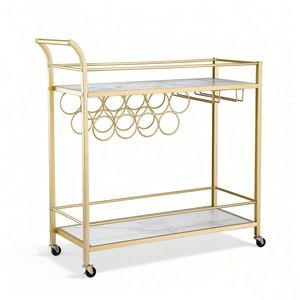 Gold Metal Bar Cart with Marble Top and Glass <b>Rack</b> Luxury Glam Style Indoor Furniture Decoration - Product Image 3