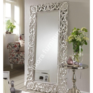 Luxury Handcrafted Solid Wood Floor <b>Mirror</b> Frame Ornate Royal Floral Scroll Carving Silver Finish - Product Image 3