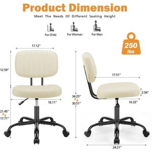 Small Office Desk Chair Armless Beige White PU Leather with Comfortable Lumbar Support - Product Image 2