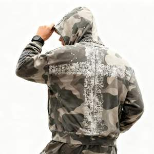 Sudadera con capucha OEM para hombre, estilo urbano, de invierno, gruesa, con cremallera, efecto desgastado, vintage, con bordado personalizado, 100% algodón, color liso. - Product Image 5