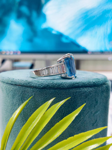 White Gold <b>Ring</b> featuring Emerald Blue Diamond with Sparkling Side Stones, <b>crafted</b> for a bold, elegant, and sophisticated look - Product Image 2