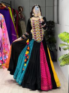 Designer Bandhani Print With Kutchi Work And Real Mirror Work Rayon Cotton <b>Lehenga</b> With <b>Top</b> Ready To Wear Navratri <b>Lehenga</b> Choli - Product Image 1