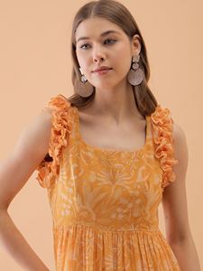 Yellow Floral Print Georgette Fit & Flare Midi Women <b>Dress</b> for Office Wear Formal Meeting Daily Wear Usage for Export Price - Product Image 3