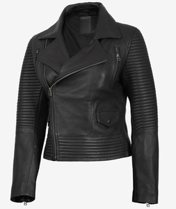 SBEA IMPEX Womens Black Genuine Leather Biker Jacket Slim Fit Asymmetrical Zip Moto Jacket <b>Quilted</b> Padded Puff Sleeves Crew - Product Image 4