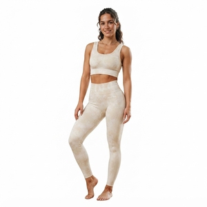 Women <b>Cream</b> Beige Acid Wash Yoga Set Sports Bra High Waist <b>Leggings</b> Gym Fitness Workout Activewear - Product Image 2