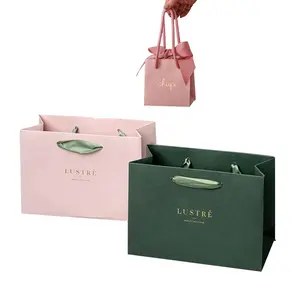 Boutique Paper Shopping Bag Luxury Ribbon Handle Boutique Shopping Packaging Customized Printed Tote Gift Paper Bags For Packaging With Logo