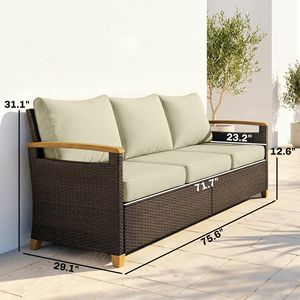 Divano da Esterno a 3 Posti in Vimini PE Beige con Seduta Ampia e Profonda, Cuscini da 4 Pollici, Braccioli e Gambe Effetto Legno per Giardino - Product Image 3