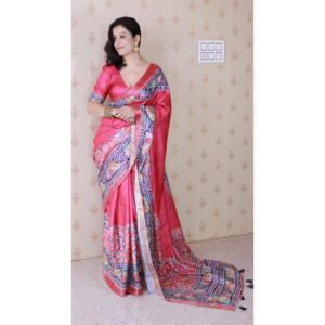 Sari en soie Tussar rose avec bordure tissée Zari à motifs floraux, robes de soirée élégantes, tissages d'élite à partir de 500g - Product Image 1