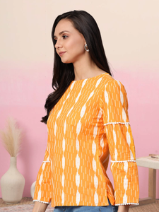 Haut en coton imprimé Ikkat, couleur orange, décontracté, ethnique, pour l'été, à porter au quotidien, confortable, respirant, séchage rapide, protection solaire - Product Image 4