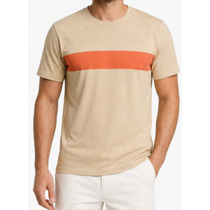 Camiseta de Manga Corta Beige para Hombre con Ribete en Contraste Naranja, Corte Regular, Cuello Redondo, Estilo Casual - Product Image 1