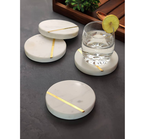 <b>Marble</b> <b>Coaster</b> Mats Pads Brass Line Round Stone Drink Pads With Gold Stripe <b>Marble</b> <b>Coaster</b> Non Slip Table Accessories - Product Image 1