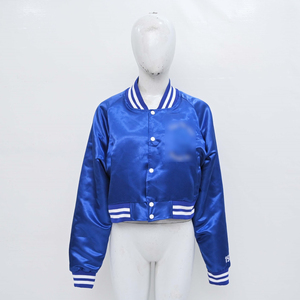 Chaqueta Universitaria Azul Satinado para Mujer, Cuello Camisero, Cierre de Botones, Color Sólido, Logotipo en la Manga Izquierda, Estilo Casual Otoñal 2026 - Product Image 1