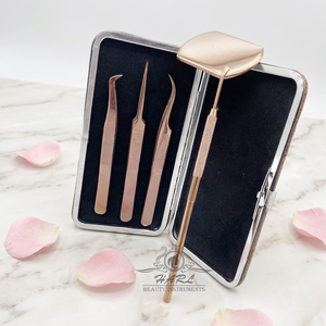Juego de pinzas para pestañas color oro rosa con espejo, pinzas de precisión para extensiones de pestañas con estuche metálico, kit de pestañas para principiantes - Product Image 1