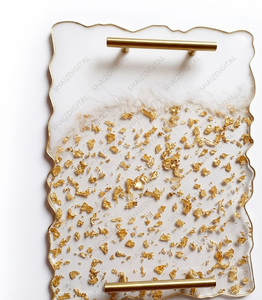 Plateau décoratif multifonctionnel en résine, motif feuille plaqué or, style glamour, forme irrégulière, avec poignée, idéal pour les fêtes - Product Image 1