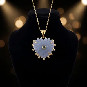 Custom Jewelry Heart Carved Shape Blue Lace Agate <b>with</b> Emerald cz 18k Gold Plated Brass Trendy Unique Jewelry Gift For Birthday - Product Image 5