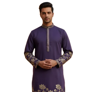 Ensemble Kurta Pyjama formel pour homme en soie de célébrité avec broderie dorée, séchage rapide, coupe classique, idéal pour les mariages et les soirées. - Product Image 1