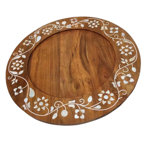 Plateau de service en bois fait main de qualité supérieure avec incrustations en os |   Plateau rond décoratif à motif floral pour table à manger, décoration de la maison et cadeaux - Product Image 1