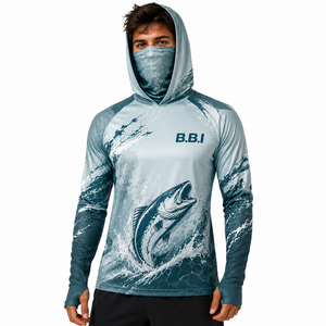 เสื้อฮู้ดตกปลาผู้ชายสีดำเทาลายพรางแบบกำหนดเอง แขนยาว พิมพ์ลายกราฟิกสายฟ้าแบบซับลิเมชั่น แห้งเร็ว พร้อมผ้าคลุมหน้า - Product Image 2