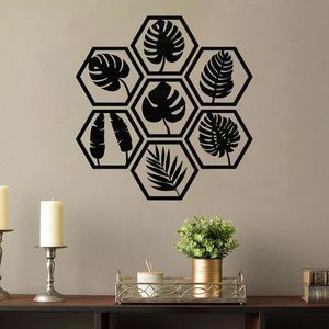 Art mural en métal hexagonal inspiré des feuilles tropicales Décor géométrique pour salon et bureau Arts en métal inspirés de la nature - Product Image 1