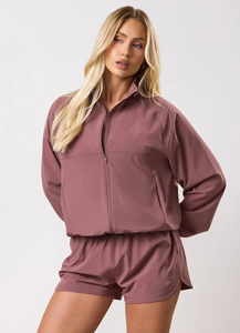 Mauve windbreaker Racer <b>Jacket</b> With <b>Zipper</b> Closure Full Sleeve Stand Collar Breathable Woven Polyester Spring Wear - Product Image 2