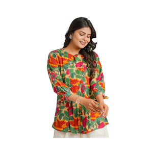 Kurti Moderno de Algodón Estampado para Mujer, Top Regular de Verano, Multicolor, con Detalle de Pliegues Delanteros, Secado Rápido, Protección Solar, Estilo Indio - Product Image 1