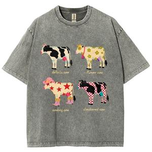 T-shirt unisexe d'été vintage imprimé vache et cowboy, délavé à l'acide, en coton décontracté, style Y2K années 90 rétro pour homme et femme - Product Image 2
