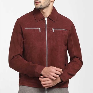 <b>Men's</b> <b>Suede</b> Bomber <b>Jacket</b> Maroon Stand Collar Zipper Closure Casual Winter Style Slim Fit Regular Length Windproof Front Logo - Product Image 3