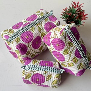 Embroidered Floral Cosmetic Organizer Set of 3 Medium Capacity Textile Toiletry <b>Bags</b> with No Zipper Multi-Function Design - Product Image 4