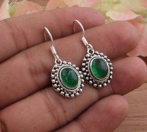 Boucles d'oreilles pendantes en jade vert naturel, pierre précieuse, argent sterling 925 massif, fabrication artisanale, vintage, luxe, cadeau de mariage, anniversaire, fête - Product Image 2