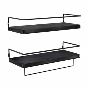 Industrial <b>Wall</b> Shelf Double Tier Black Metal Rectangular Storage Rack for Living Room Mounting <b>wall</b> shelf - Product Image 1