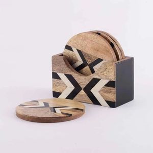 Wooden Round <b>Coasters</b> <b>Set</b> With Geometric Pattern Bohemian Design Non-Slip Mats For Table Decor - Product Image 2