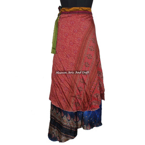 Rajasthani <b>Old</b> Saree Long Silk Wrap Skirt Women Wear Vintage Silk Sari Long Length Wrap Around Skirt 2 Layer Reversible Saree - Product Image 3